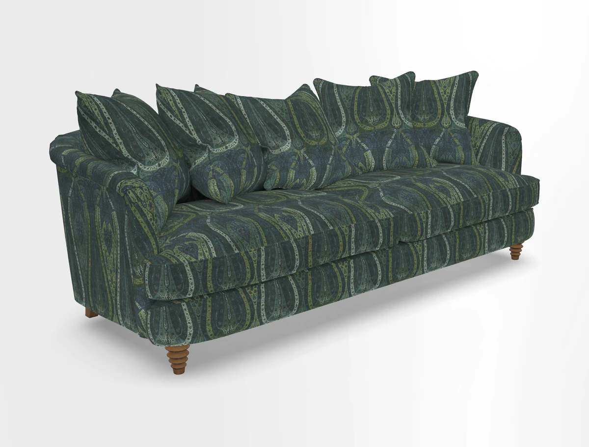 Helmsley Sofa in Mohair Velvet Fir Green with Seat and Back Cushions in RHS Collection Trailing Vine Olive and Small Trailing Ivy Olive