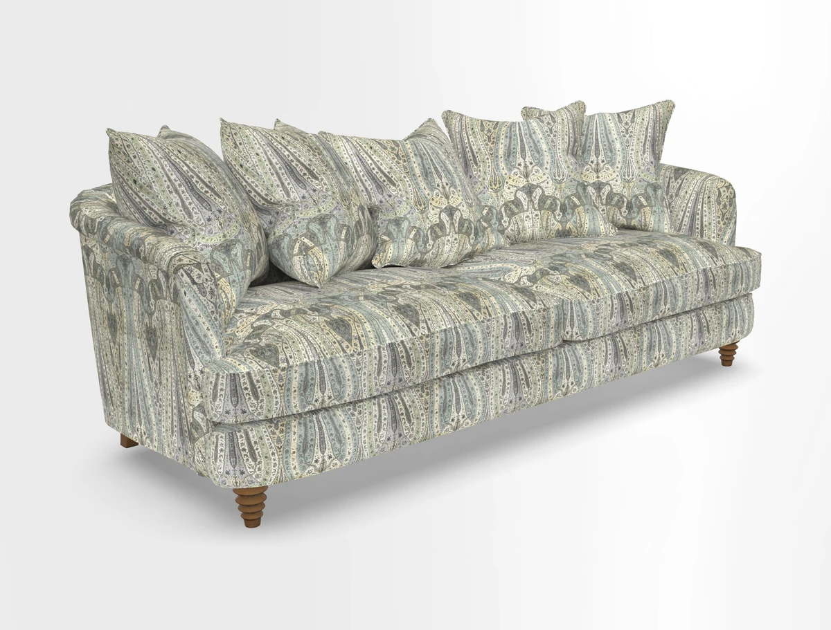 Helmsley Sofa in Mohair Velvet Fir Green with Seat and Back Cushions in RHS Collection Trailing Vine Olive and Small Trailing Ivy Olive