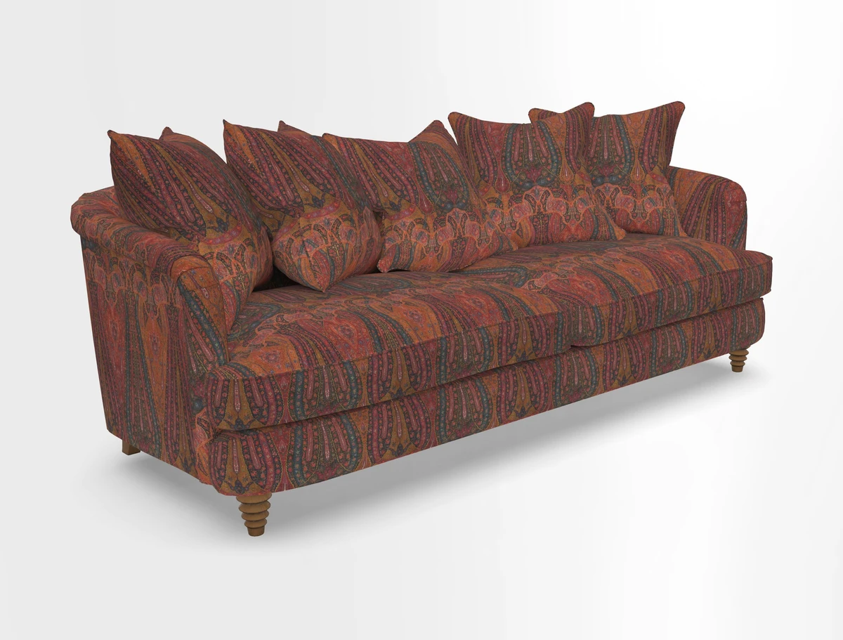 Helmsley Sofa in Mohair Velvet Fir Green with Seat and Back Cushions in RHS Collection Trailing Vine Olive and Small Trailing Ivy Olive