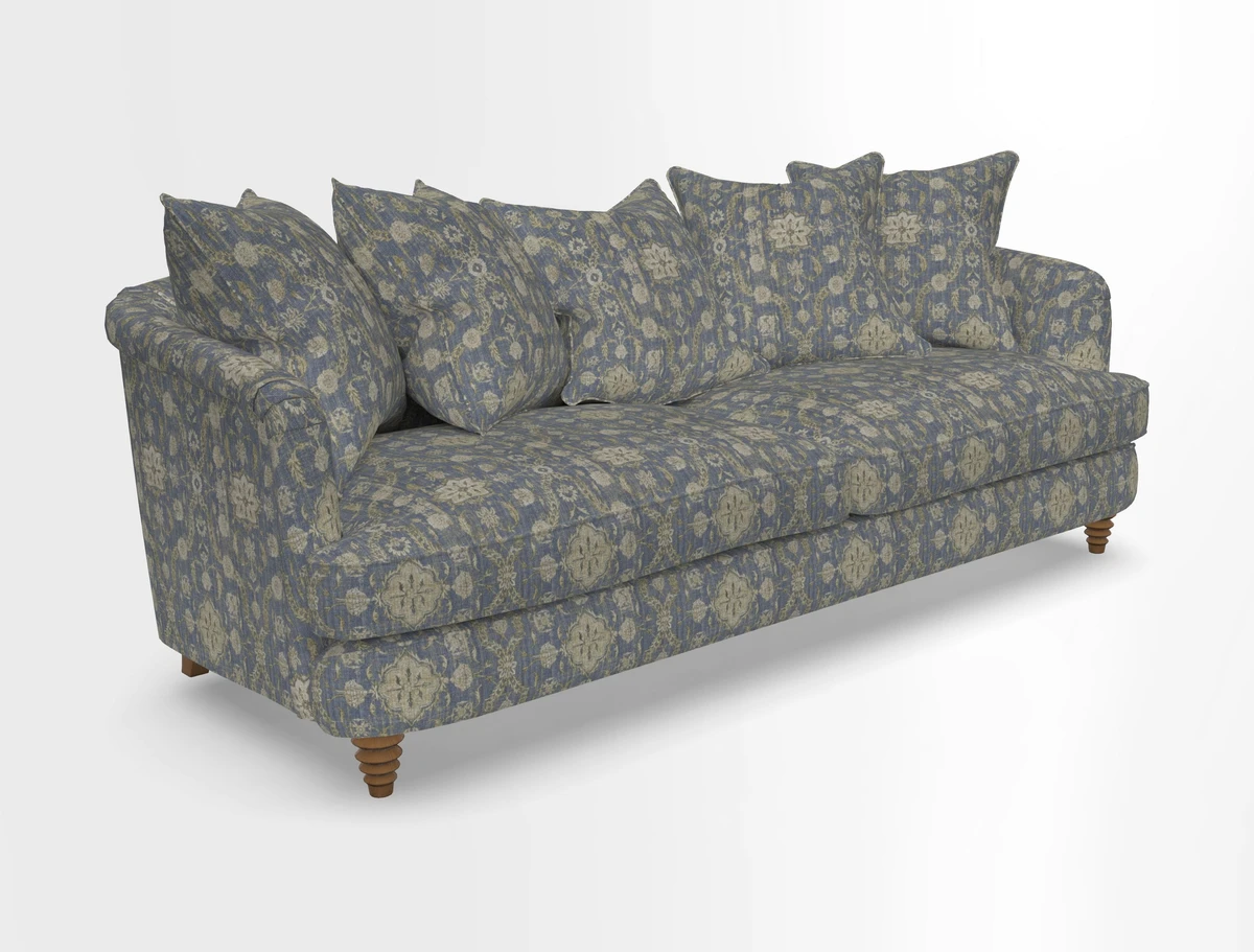 Helmsley Sofa in Mohair Velvet Fir Green with Seat and Back Cushions in RHS Collection Trailing Vine Olive and Small Trailing Ivy Olive