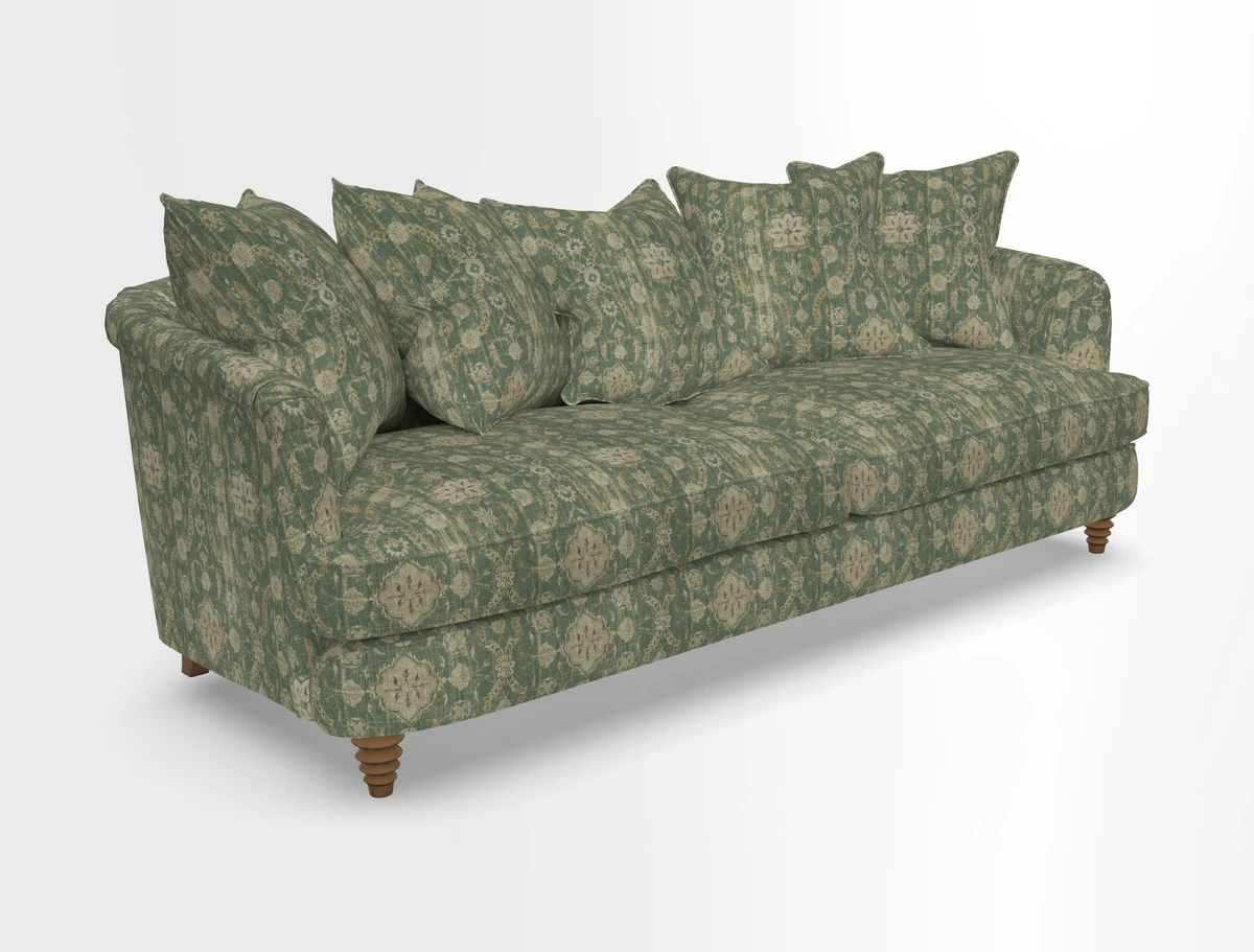 Helmsley Sofa in Mohair Velvet Fir Green with Seat and Back Cushions in RHS Collection Trailing Vine Olive and Small Trailing Ivy Olive