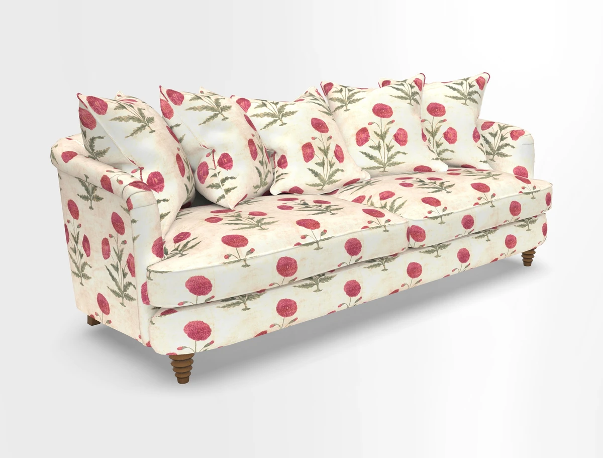 Helmsley Sofa in Mohair Velvet Fir Green with Seat and Back Cushions in RHS Collection Trailing Vine Olive and Small Trailing Ivy Olive