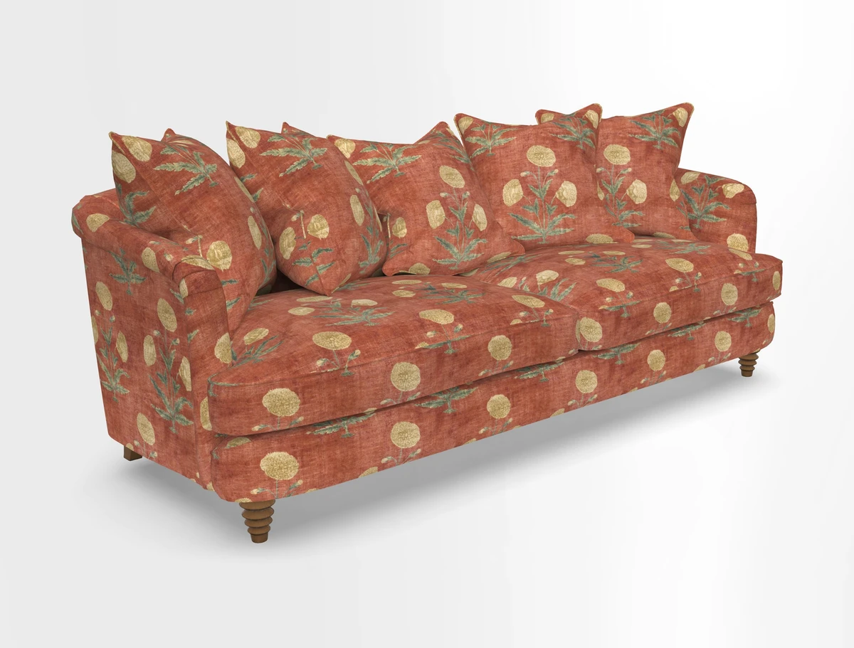 Helmsley Sofa in Mohair Velvet Fir Green with Seat and Back Cushions in RHS Collection Trailing Vine Olive and Small Trailing Ivy Olive