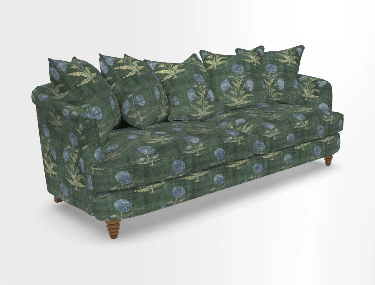 Helmsley Sofa in Mohair Velvet Fir Green with Seat and Back Cushions in RHS Collection Trailing Vine Olive and Small Trailing Ivy Olive