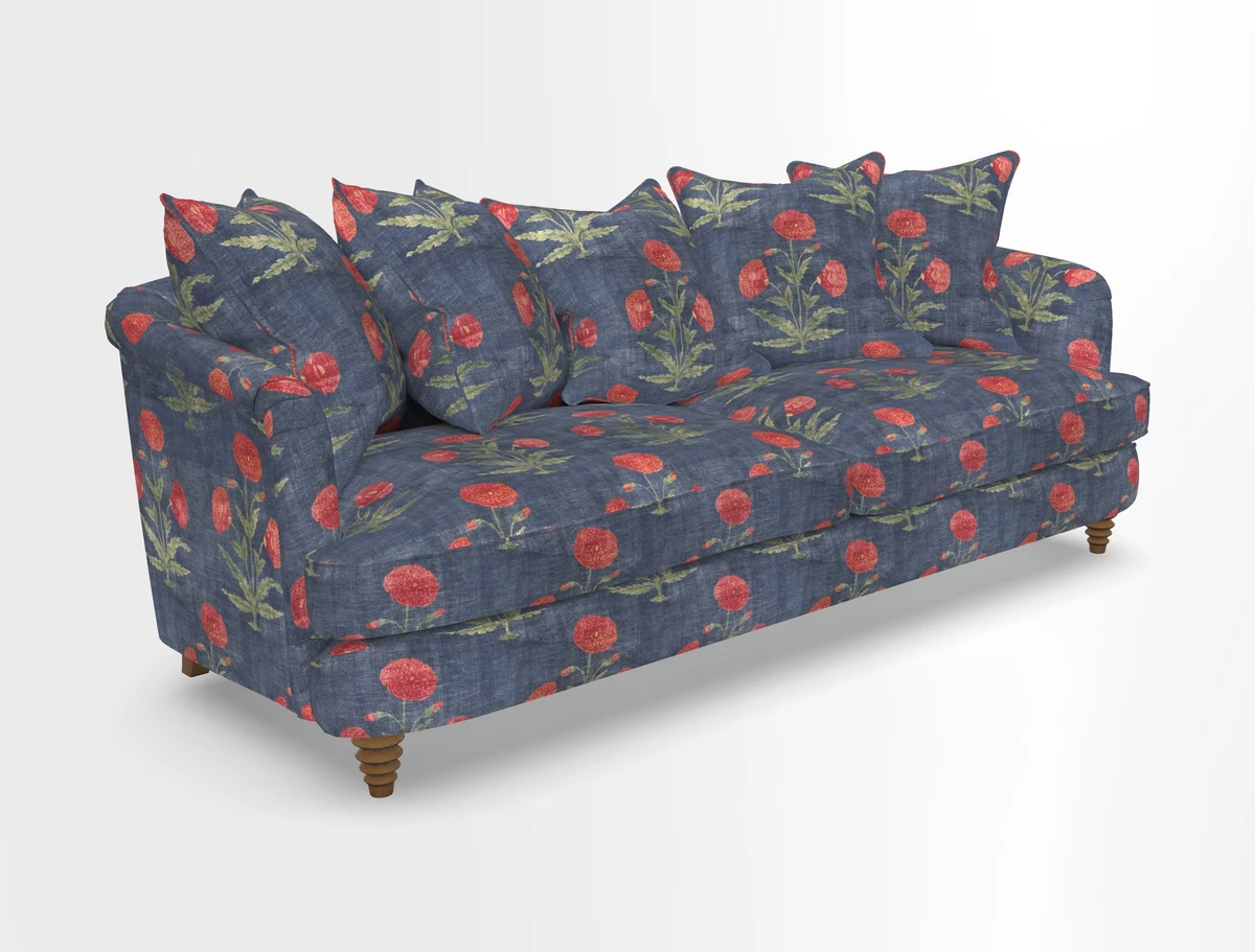 Helmsley Sofa in Mohair Velvet Fir Green with Seat and Back Cushions in RHS Collection Trailing Vine Olive and Small Trailing Ivy Olive