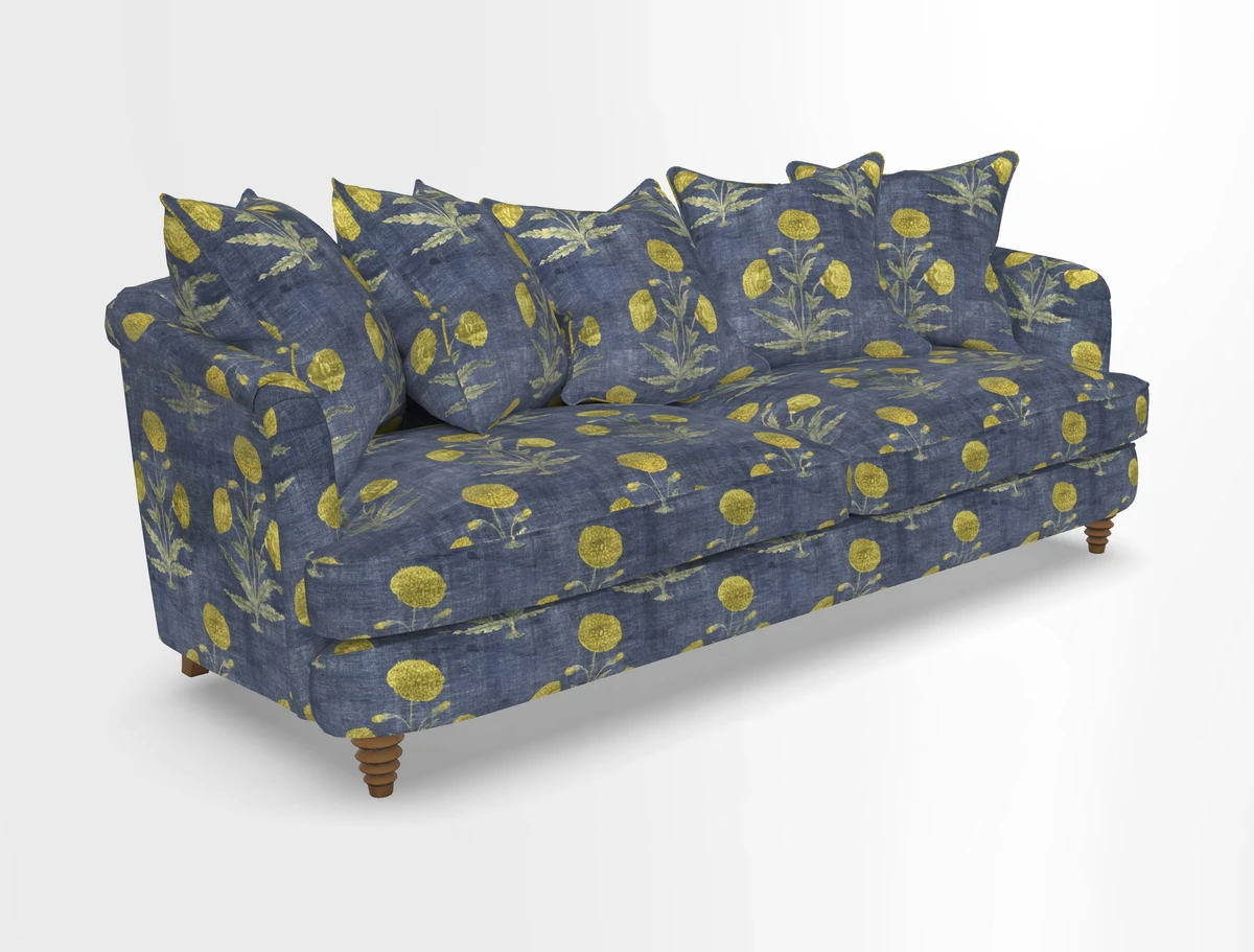 Helmsley Sofa in Mohair Velvet Fir Green with Seat and Back Cushions in RHS Collection Trailing Vine Olive and Small Trailing Ivy Olive