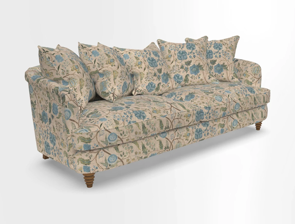 Helmsley Sofa in Mohair Velvet Fir Green with Seat and Back Cushions in RHS Collection Trailing Vine Olive and Small Trailing Ivy Olive