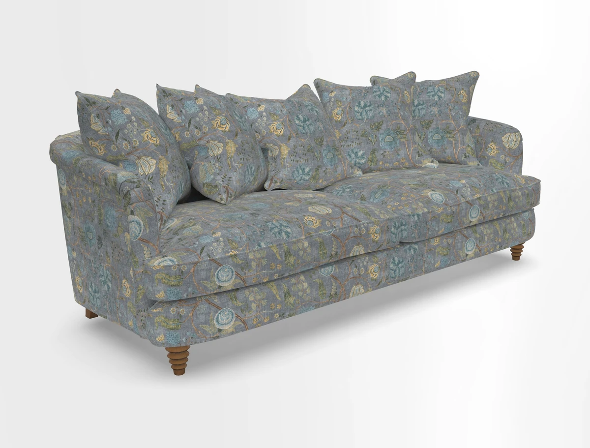 Helmsley Sofa in Mohair Velvet Fir Green with Seat and Back Cushions in RHS Collection Trailing Vine Olive and Small Trailing Ivy Olive