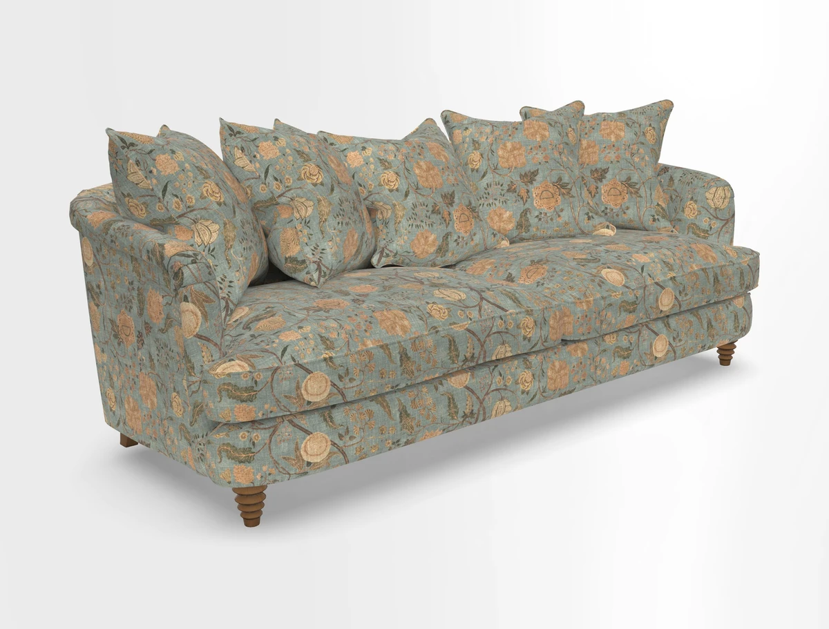 Helmsley Sofa in Mohair Velvet Fir Green with Seat and Back Cushions in RHS Collection Trailing Vine Olive and Small Trailing Ivy Olive