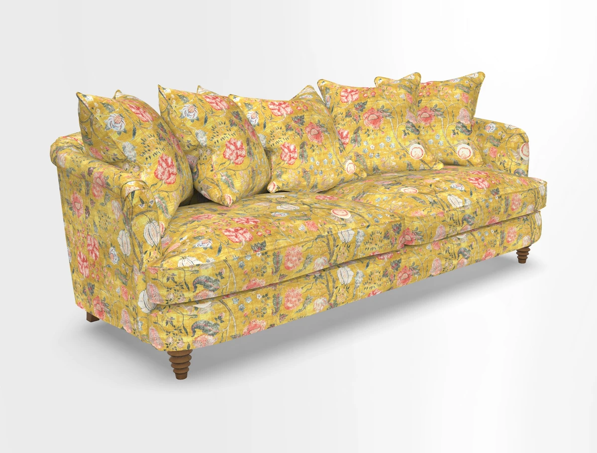 Helmsley Sofa in Mohair Velvet Fir Green with Seat and Back Cushions in RHS Collection Trailing Vine Olive and Small Trailing Ivy Olive