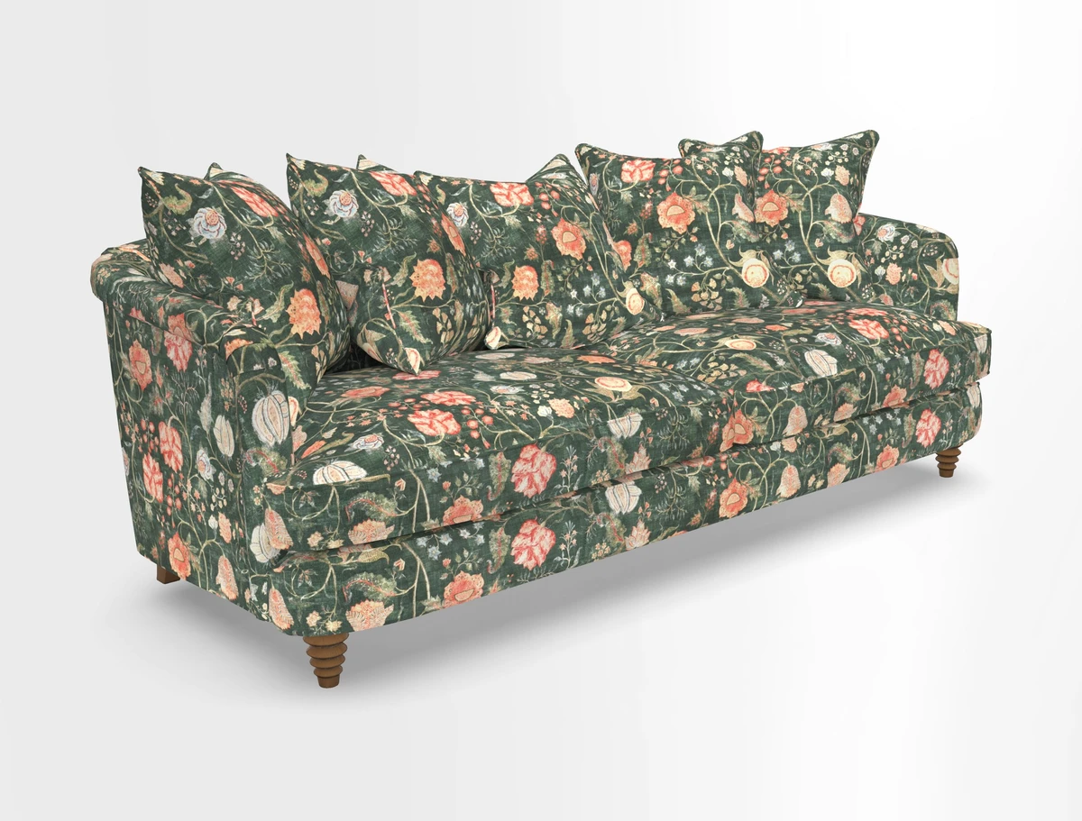 Helmsley Sofa in Mohair Velvet Fir Green with Seat and Back Cushions in RHS Collection Trailing Vine Olive and Small Trailing Ivy Olive