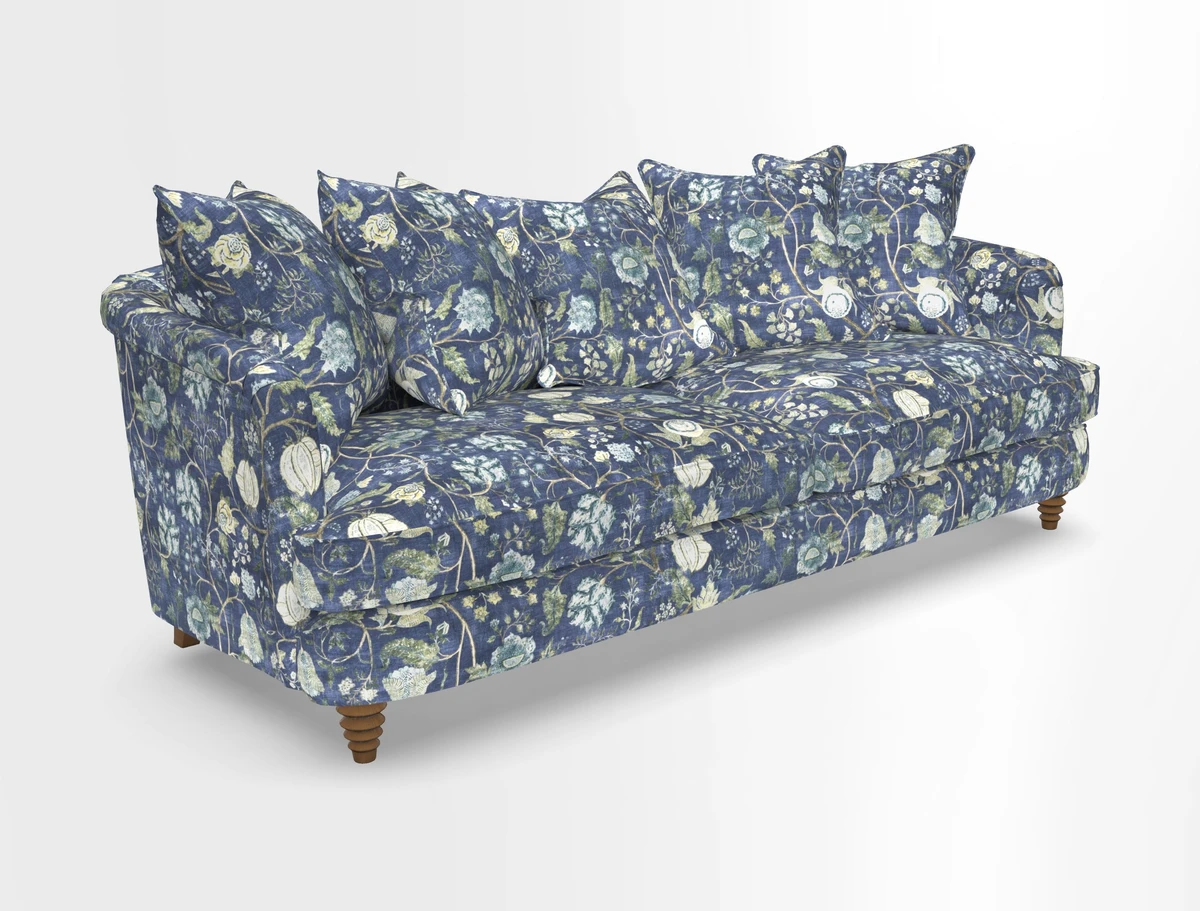 Helmsley Sofa in Mohair Velvet Fir Green with Seat and Back Cushions in RHS Collection Trailing Vine Olive and Small Trailing Ivy Olive
