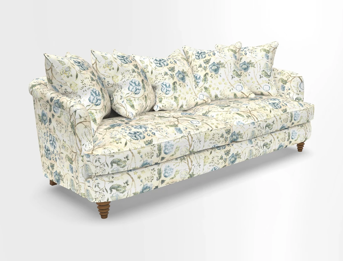 Helmsley Sofa in Mohair Velvet Fir Green with Seat and Back Cushions in RHS Collection Trailing Vine Olive and Small Trailing Ivy Olive