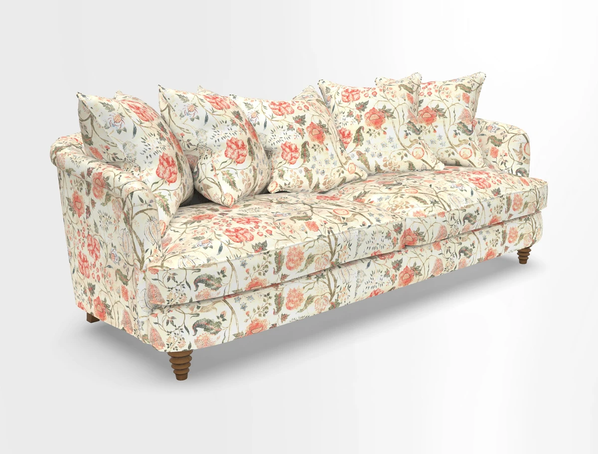 Helmsley Sofa in Mohair Velvet Fir Green with Seat and Back Cushions in RHS Collection Trailing Vine Olive and Small Trailing Ivy Olive