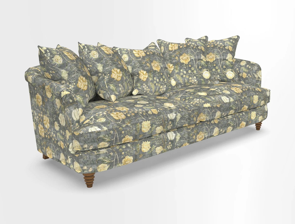 Helmsley Sofa in Mohair Velvet Fir Green with Seat and Back Cushions in RHS Collection Trailing Vine Olive and Small Trailing Ivy Olive