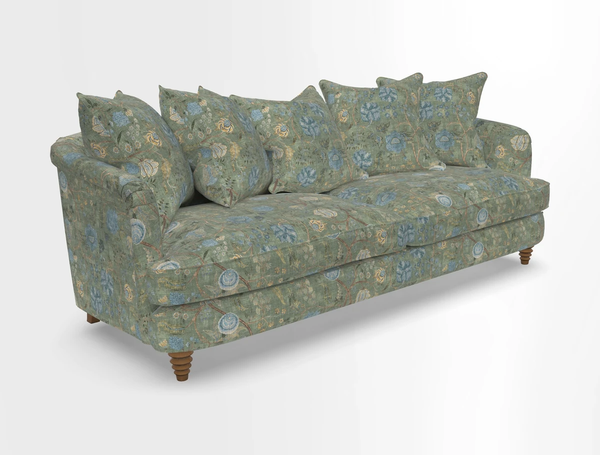 Helmsley Sofa in Mohair Velvet Fir Green with Seat and Back Cushions in RHS Collection Trailing Vine Olive and Small Trailing Ivy Olive