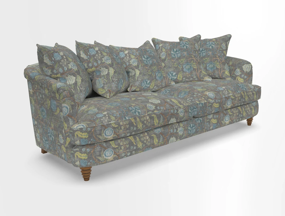 Helmsley Sofa in Mohair Velvet Fir Green with Seat and Back Cushions in RHS Collection Trailing Vine Olive and Small Trailing Ivy Olive