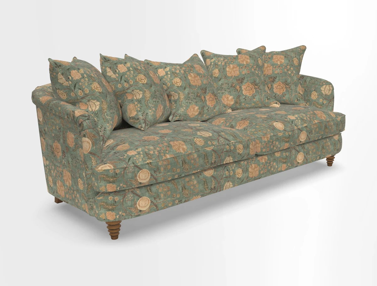 Helmsley Sofa in Mohair Velvet Fir Green with Seat and Back Cushions in RHS Collection Trailing Vine Olive and Small Trailing Ivy Olive