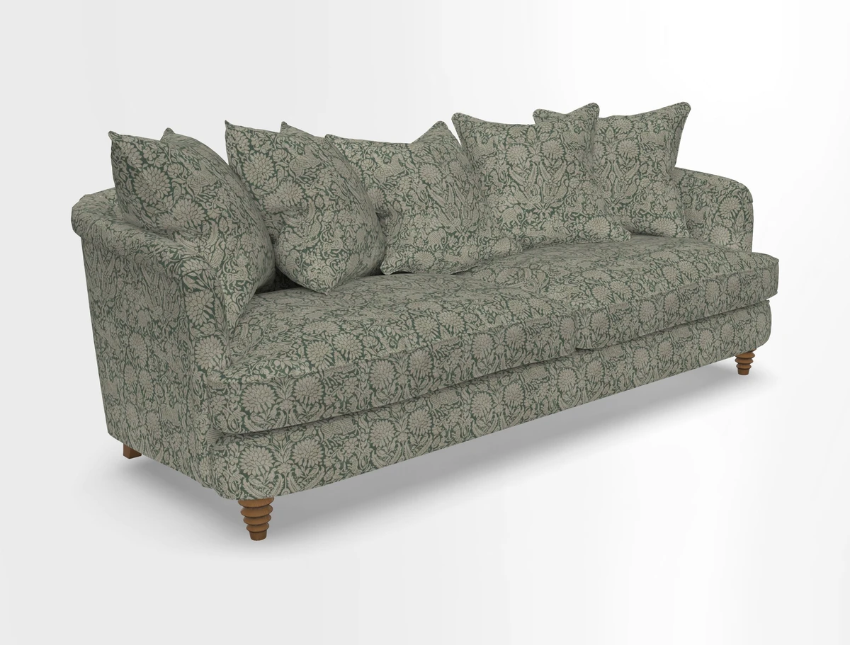 Helmsley Sofa in Mohair Velvet Fir Green with Seat and Back Cushions in RHS Collection Trailing Vine Olive and Small Trailing Ivy Olive
