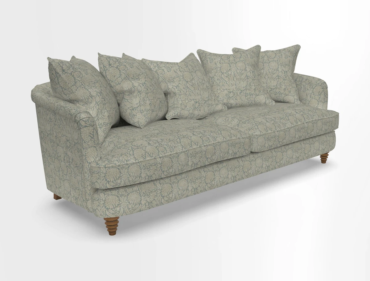 Helmsley Sofa in Mohair Velvet Fir Green with Seat and Back Cushions in RHS Collection Trailing Vine Olive and Small Trailing Ivy Olive