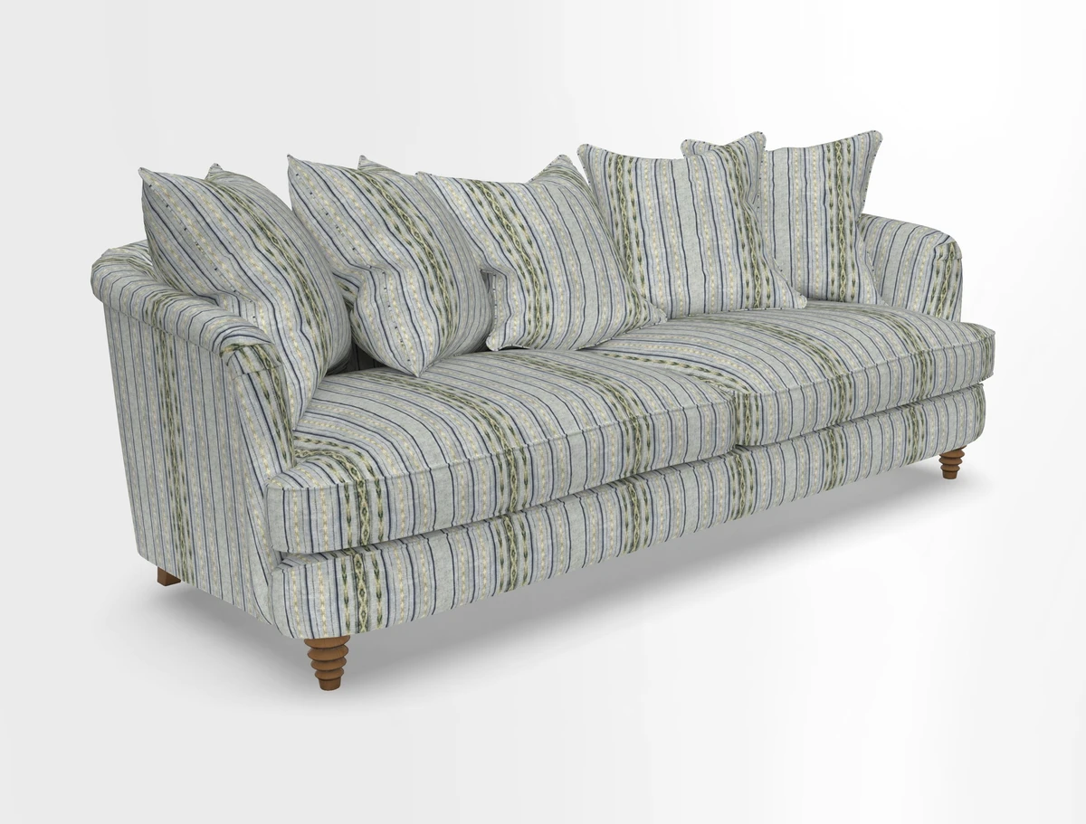 Helmsley Sofa in Mohair Velvet Fir Green with Seat and Back Cushions in RHS Collection Trailing Vine Olive and Small Trailing Ivy Olive