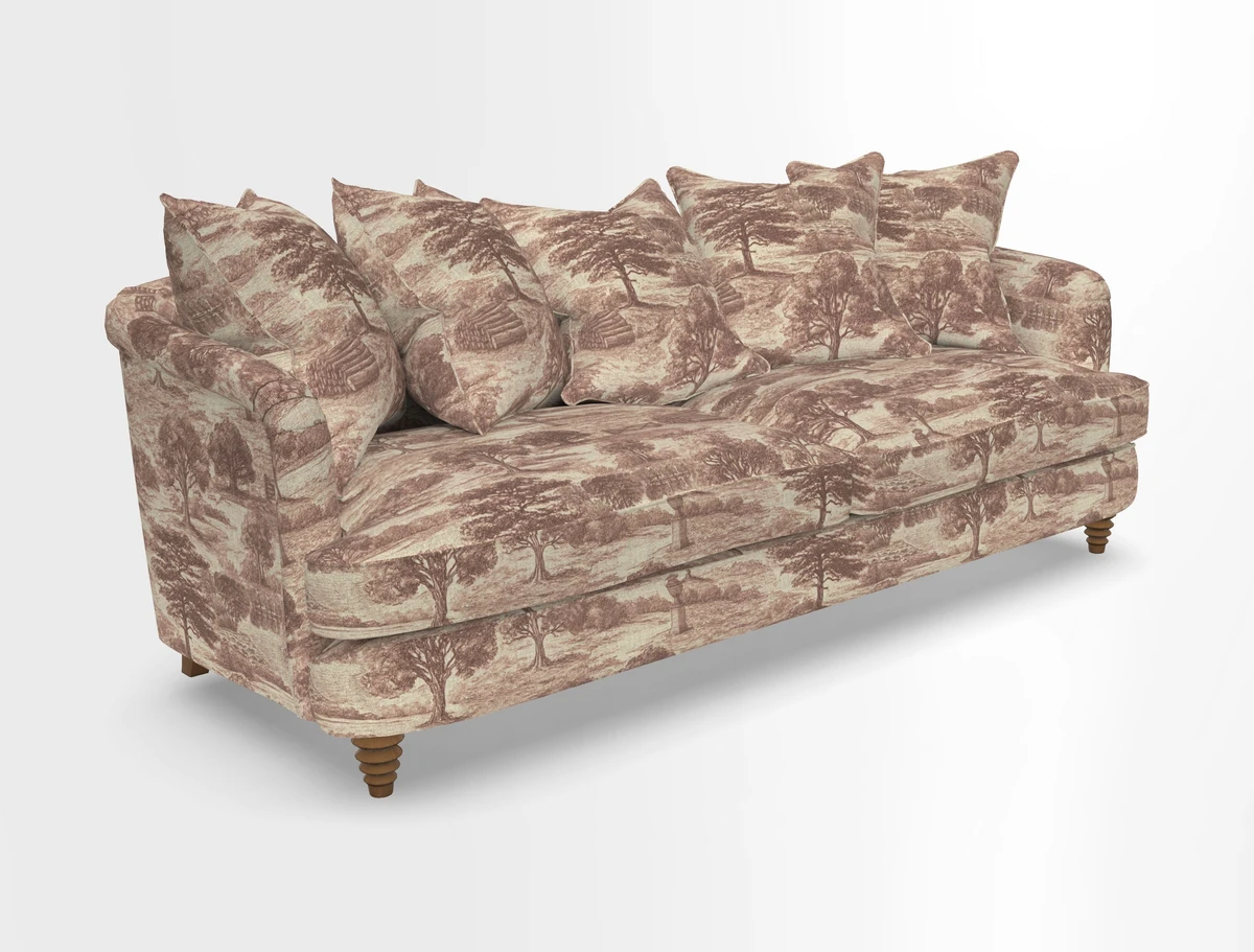 Helmsley Sofa in Mohair Velvet Fir Green with Seat and Back Cushions in RHS Collection Trailing Vine Olive and Small Trailing Ivy Olive