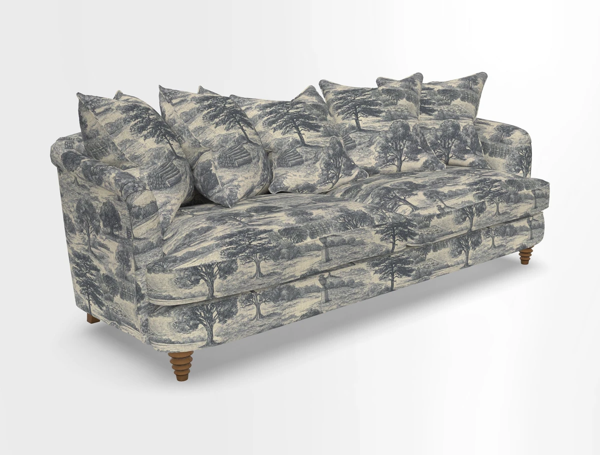 Helmsley Sofa in Mohair Velvet Fir Green with Seat and Back Cushions in RHS Collection Trailing Vine Olive and Small Trailing Ivy Olive