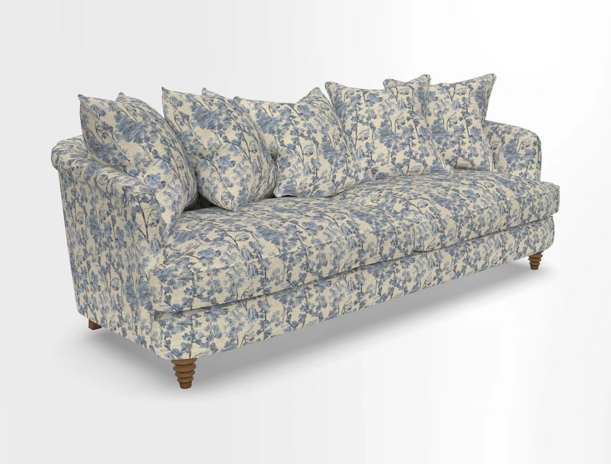 Helmsley Sofa in Mohair Velvet Fir Green with Seat and Back Cushions in RHS Collection Trailing Vine Olive and Small Trailing Ivy Olive