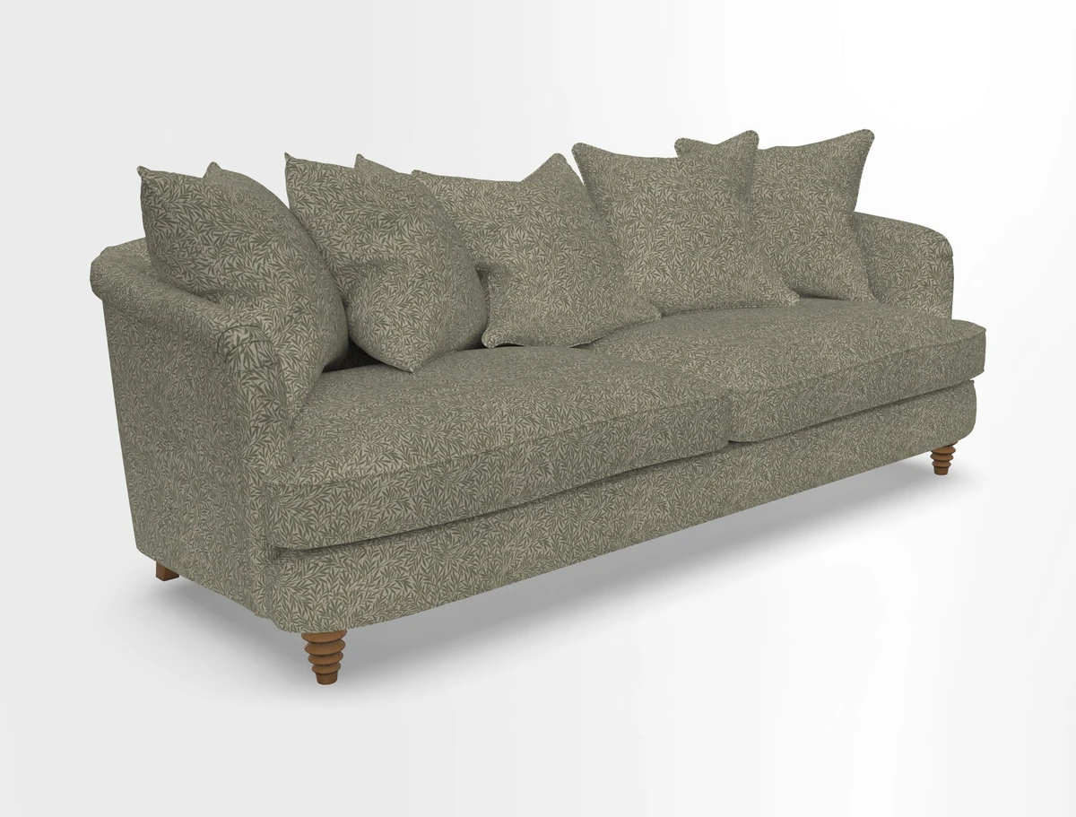Helmsley Sofa in Mohair Velvet Fir Green with Seat and Back Cushions in RHS Collection Trailing Vine Olive and Small Trailing Ivy Olive