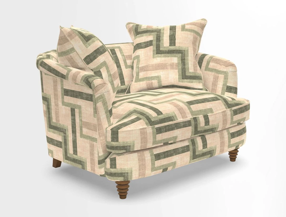 Helmsley Snuggler in V&A Threads of India Opulent Velvets Forest Creatures Hunter piping in Swiss Velvet Olive and scatter in Stockport Stripe Flame