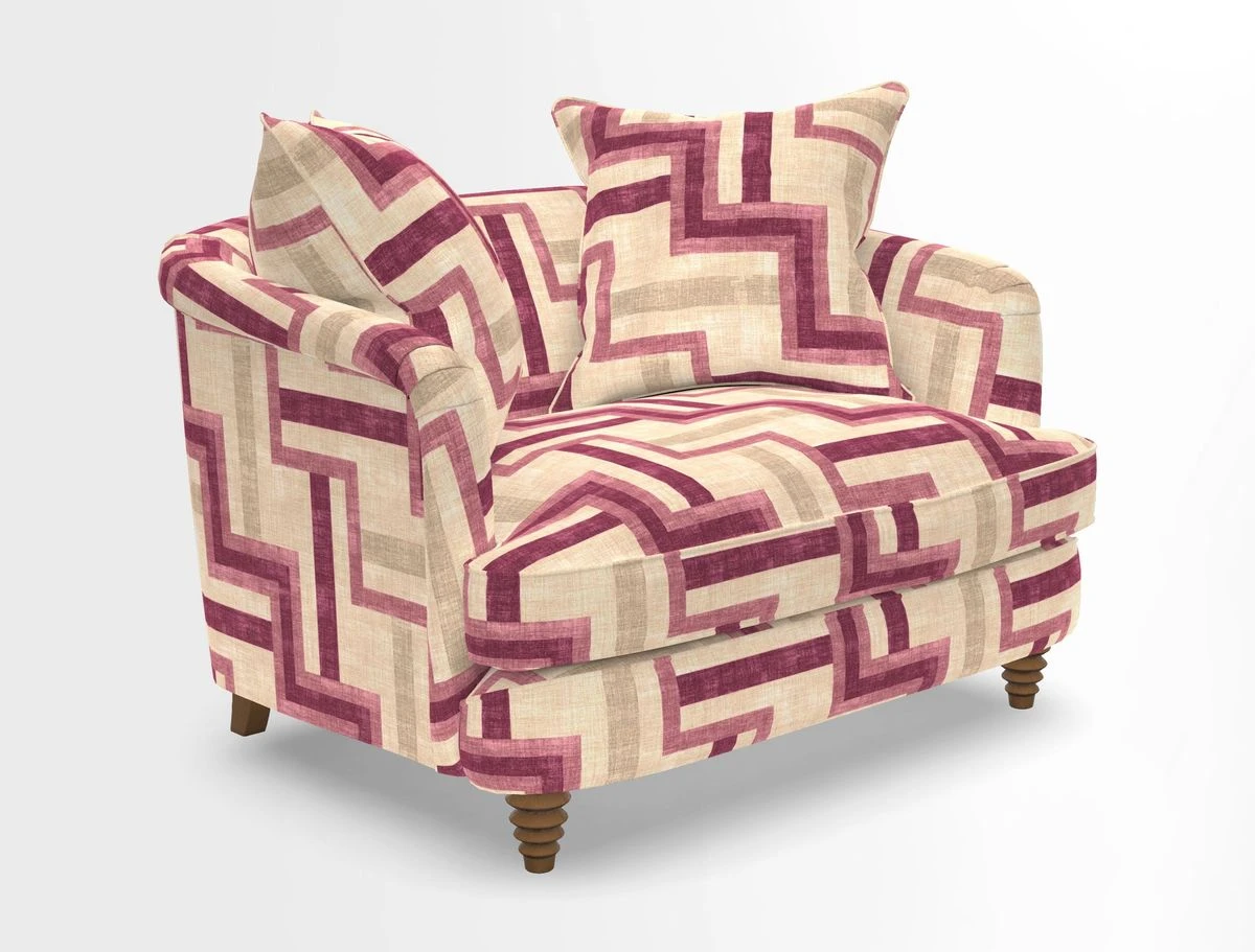 Helmsley Snuggler in V&A Threads of India Opulent Velvets Forest Creatures Hunter piping in Swiss Velvet Olive and scatter in Stockport Stripe Flame
