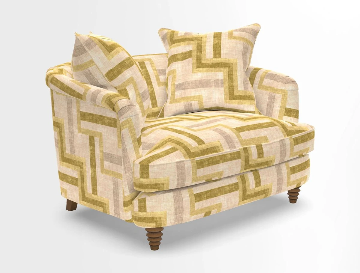 Helmsley Snuggler in V&A Threads of India Opulent Velvets Forest Creatures Hunter piping in Swiss Velvet Olive and scatter in Stockport Stripe Flame