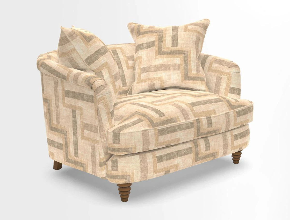 Helmsley Snuggler in V&A Threads of India Opulent Velvets Forest Creatures Hunter piping in Swiss Velvet Olive and scatter in Stockport Stripe Flame