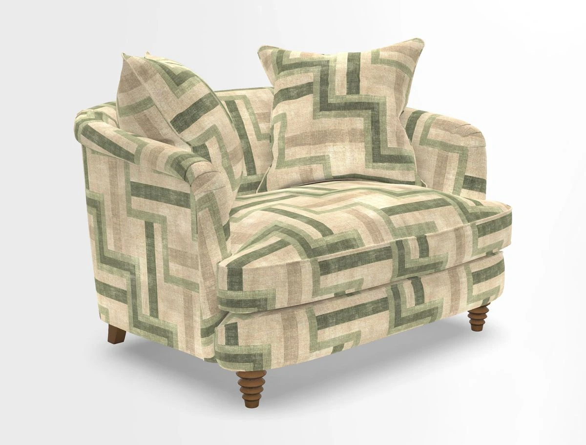 Helmsley Snuggler in V&A Threads of India Opulent Velvets Forest Creatures Hunter piping in Swiss Velvet Olive and scatter in Stockport Stripe Flame