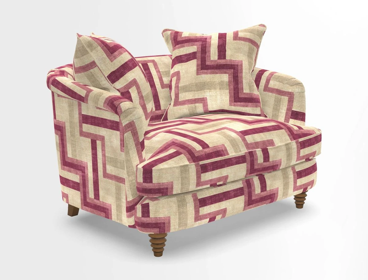 Helmsley Snuggler in V&A Threads of India Opulent Velvets Forest Creatures Hunter piping in Swiss Velvet Olive and scatter in Stockport Stripe Flame