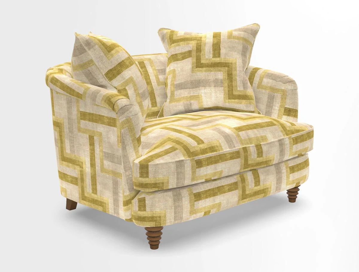 Helmsley Snuggler in V&A Threads of India Opulent Velvets Forest Creatures Hunter piping in Swiss Velvet Olive and scatter in Stockport Stripe Flame
