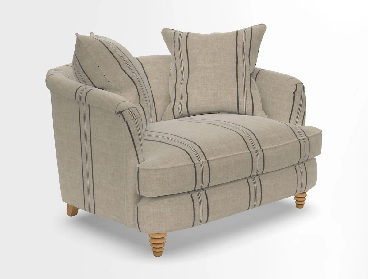 Helmsley Snuggler in V&A Threads of India Opulent Velvets Forest Creatures Hunter piping in Swiss Velvet Olive and scatter in Stockport Stripe Flame