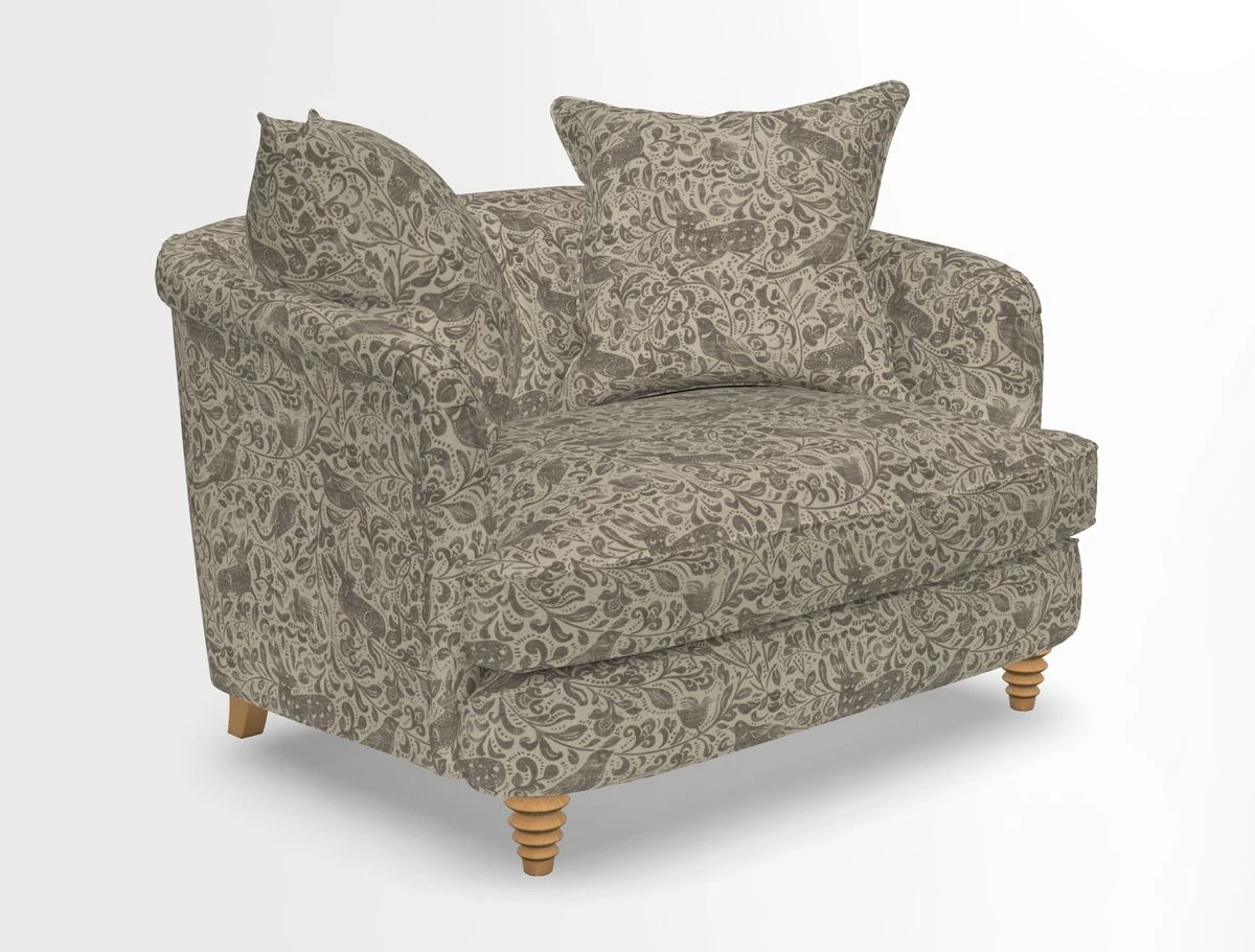 Helmsley Snuggler in V&A Threads of India Opulent Velvets Forest Creatures Hunter piping in Swiss Velvet Olive and scatter in Stockport Stripe Flame