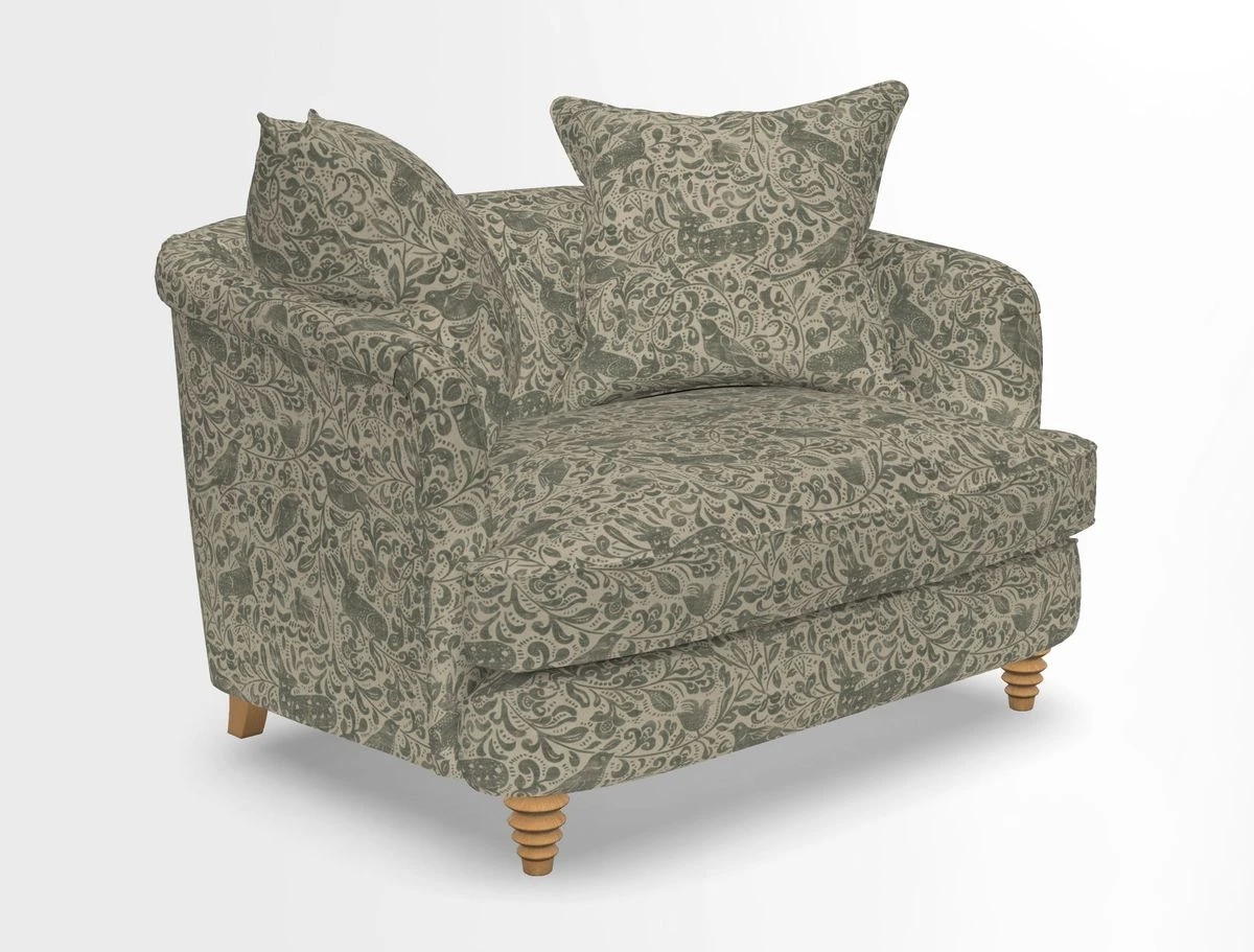 Helmsley Snuggler in V&A Threads of India Opulent Velvets Forest Creatures Hunter piping in Swiss Velvet Olive and scatter in Stockport Stripe Flame