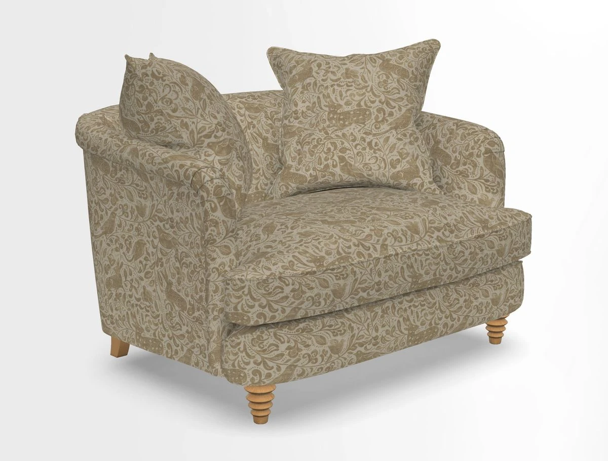 Helmsley Snuggler in V&A Threads of India Opulent Velvets Forest Creatures Hunter piping in Swiss Velvet Olive and scatter in Stockport Stripe Flame