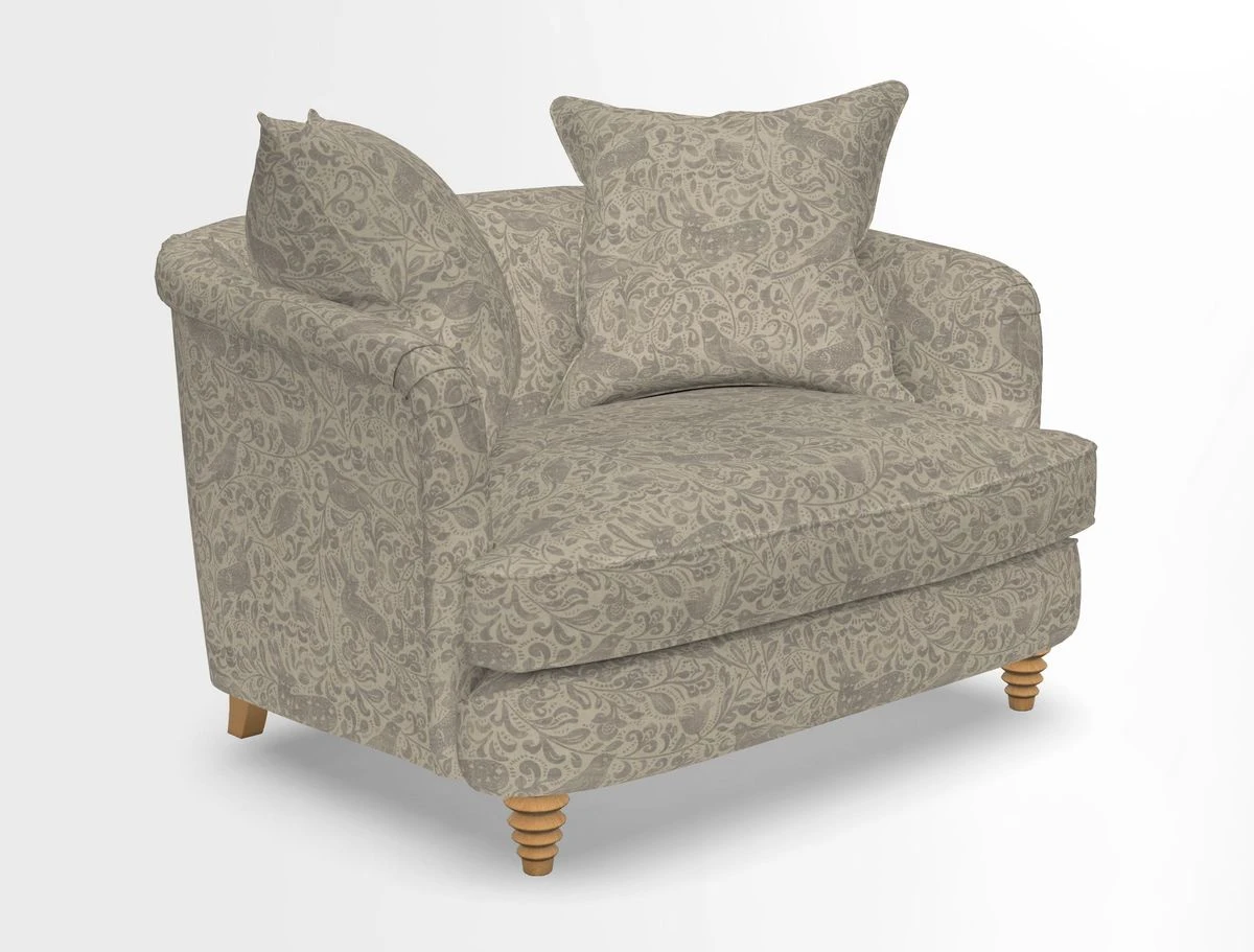 Helmsley Snuggler in V&A Threads of India Opulent Velvets Forest Creatures Hunter piping in Swiss Velvet Olive and scatter in Stockport Stripe Flame