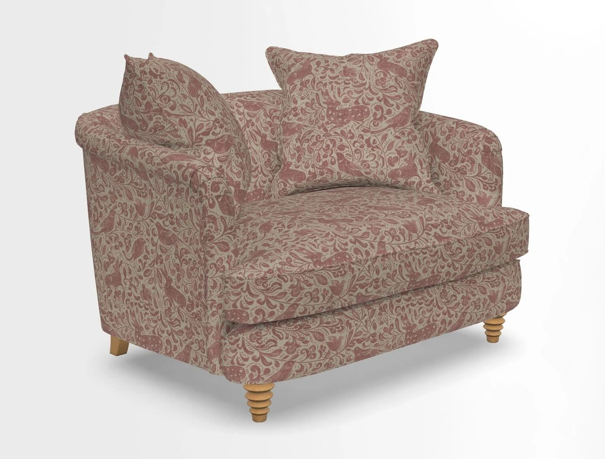 Helmsley Snuggler in V&A Threads of India Opulent Velvets Forest Creatures Hunter piping in Swiss Velvet Olive and scatter in Stockport Stripe Flame