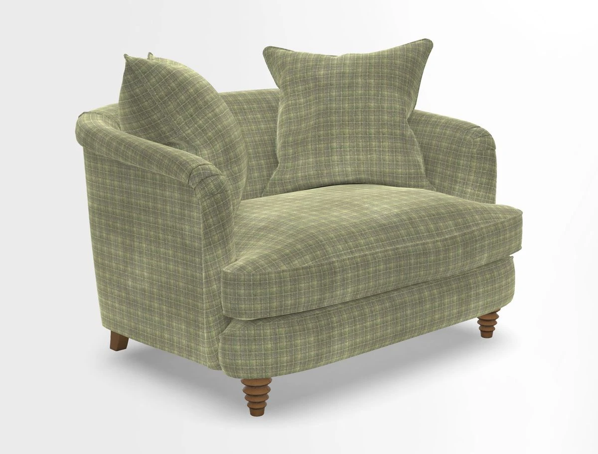 Helmsley Snuggler in V&A Threads of India Opulent Velvets Forest Creatures Hunter piping in Swiss Velvet Olive and scatter in Stockport Stripe Flame