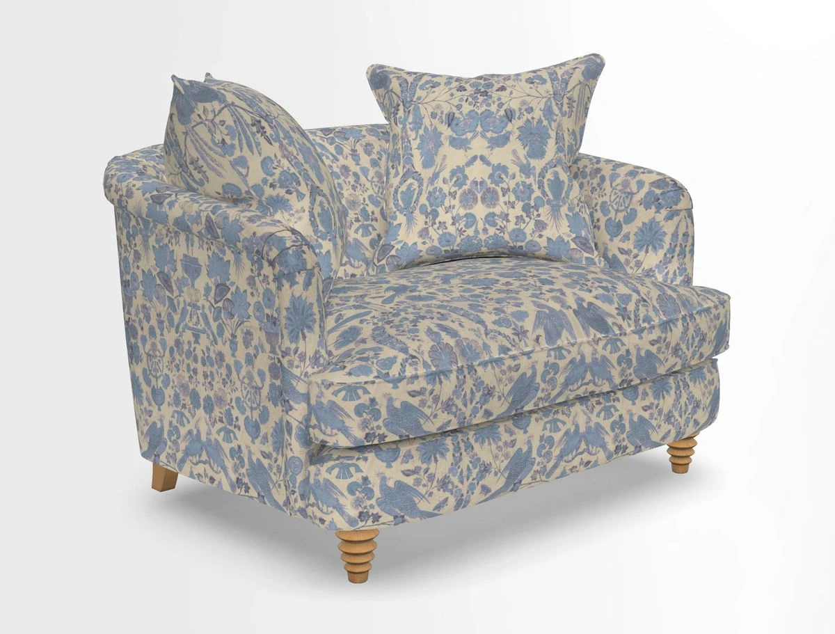 Helmsley Snuggler in V&A Threads of India Opulent Velvets Forest Creatures Hunter piping in Swiss Velvet Olive and scatter in Stockport Stripe Flame