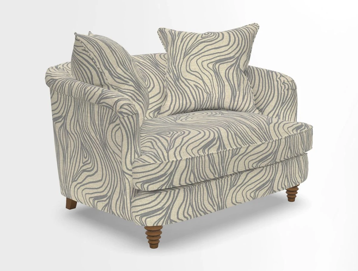 Helmsley Snuggler in V&A Threads of India Opulent Velvets Forest Creatures Hunter piping in Swiss Velvet Olive and scatter in Stockport Stripe Flame