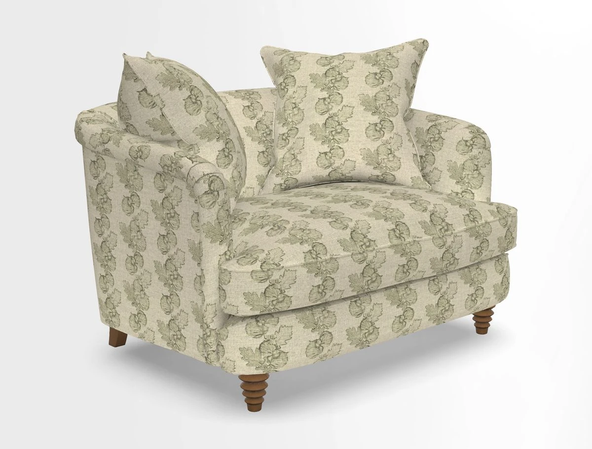 Helmsley Snuggler in V&A Threads of India Opulent Velvets Forest Creatures Hunter piping in Swiss Velvet Olive and scatter in Stockport Stripe Flame