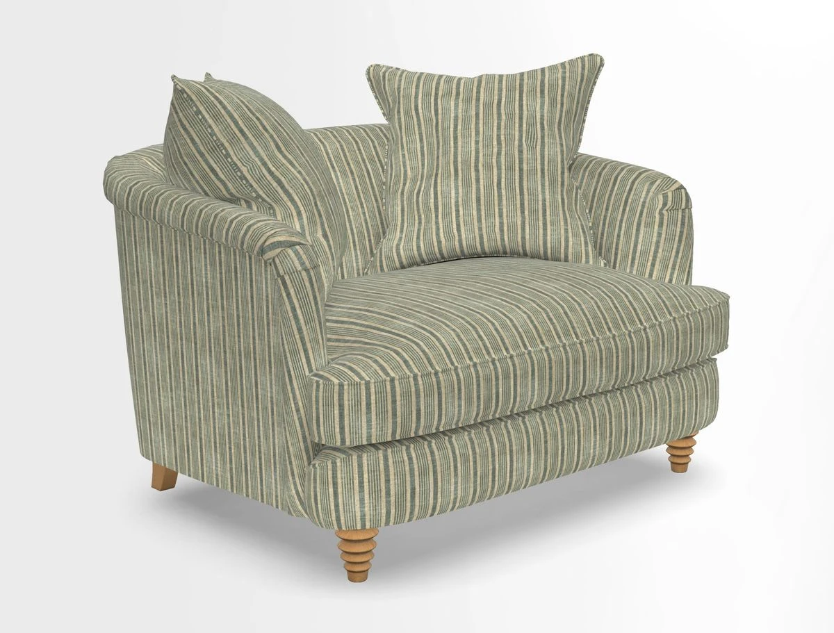 Helmsley Snuggler in V&A Threads of India Opulent Velvets Forest Creatures Hunter piping in Swiss Velvet Olive and scatter in Stockport Stripe Flame