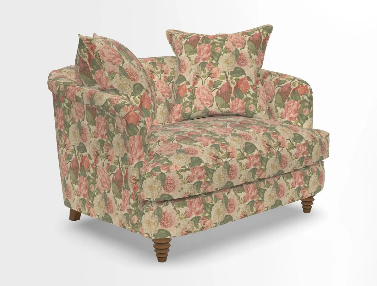 Helmsley Snuggler in V&A Threads of India Opulent Velvets Forest Creatures Hunter piping in Swiss Velvet Olive and scatter in Stockport Stripe Flame