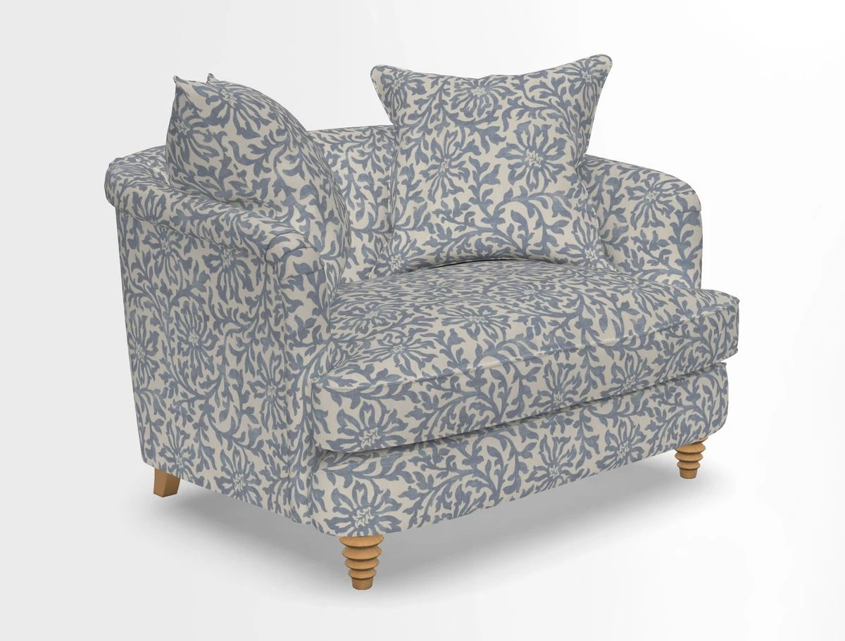 Helmsley Snuggler in V&A Threads of India Opulent Velvets Forest Creatures Hunter piping in Swiss Velvet Olive and scatter in Stockport Stripe Flame