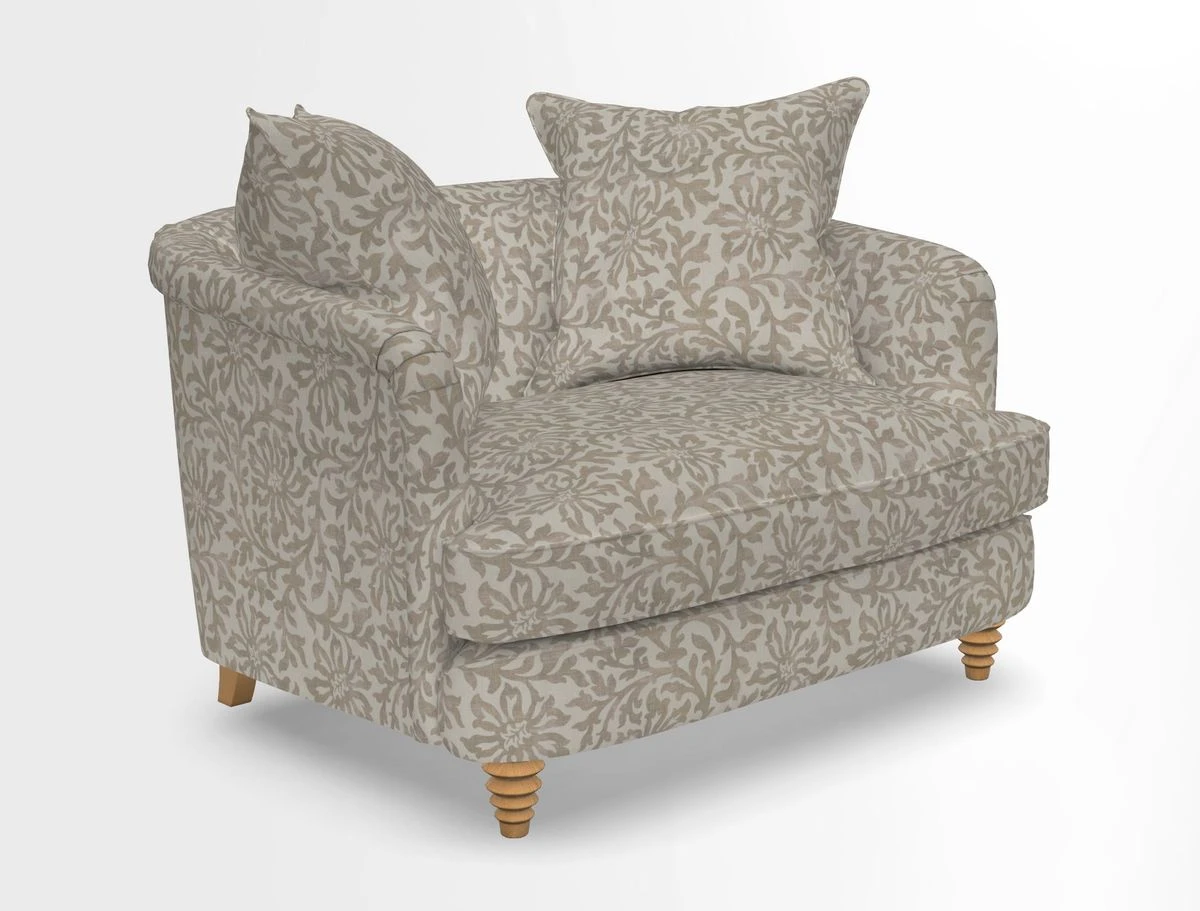 Helmsley Snuggler in V&A Threads of India Opulent Velvets Forest Creatures Hunter piping in Swiss Velvet Olive and scatter in Stockport Stripe Flame